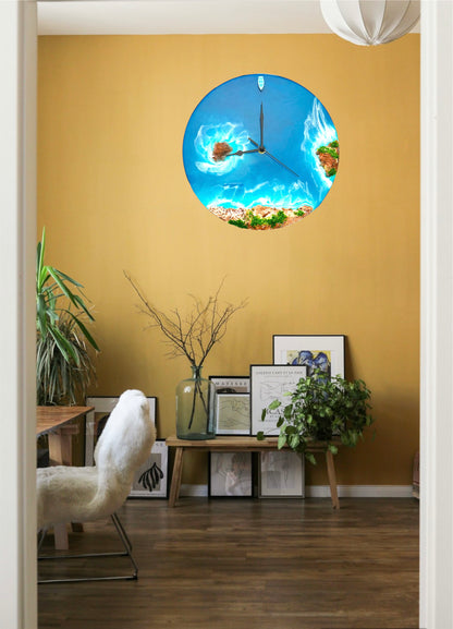 Round resin ocean wall clock with mountains