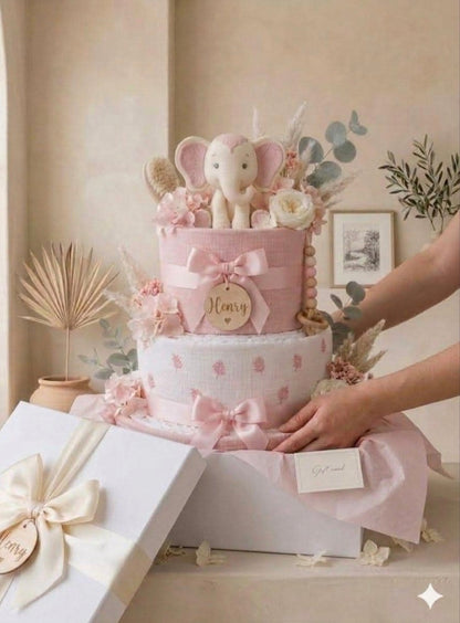 Personalized Boho Diaper Cake, Pink Baby Shower Gift, Newborn Keepsake Basket