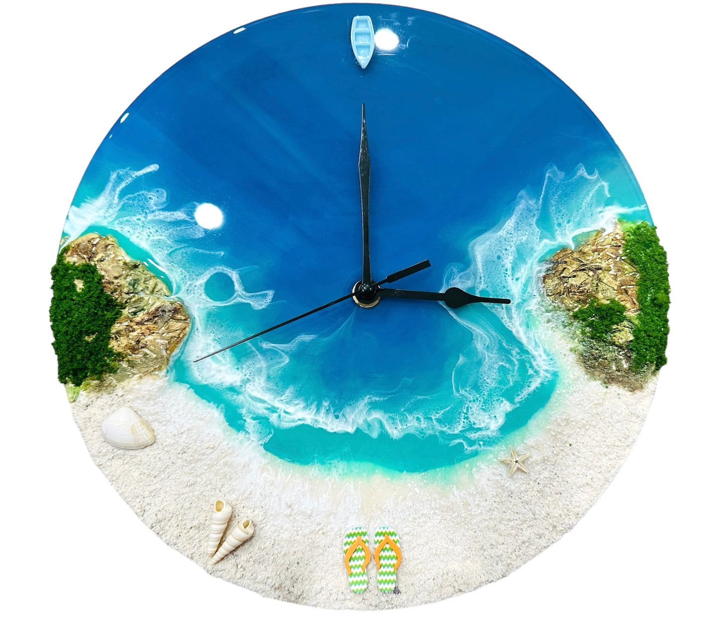 Round resin ocean wall clock with mountains and sand