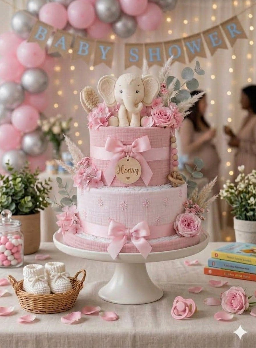 Personalized Boho Diaper Cake, Pink Baby Shower Gift, Newborn Keepsake Basket