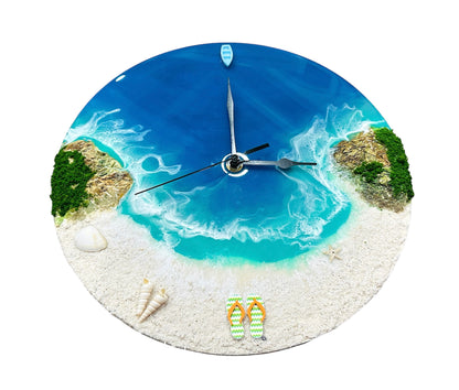 Round resin ocean wall clock with mountains and sand