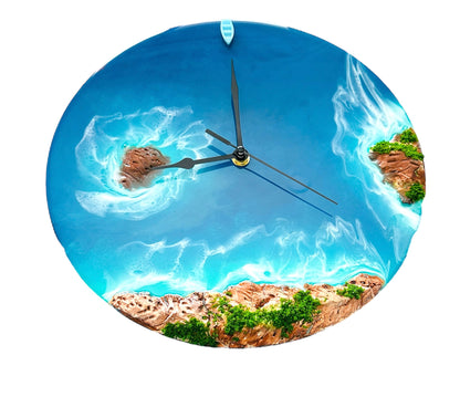 Round resin ocean wall clock with mountains