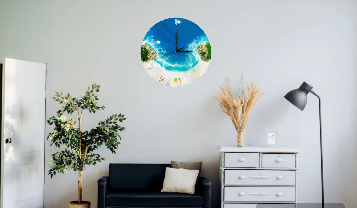 Round resin ocean wall clock with mountains and sand