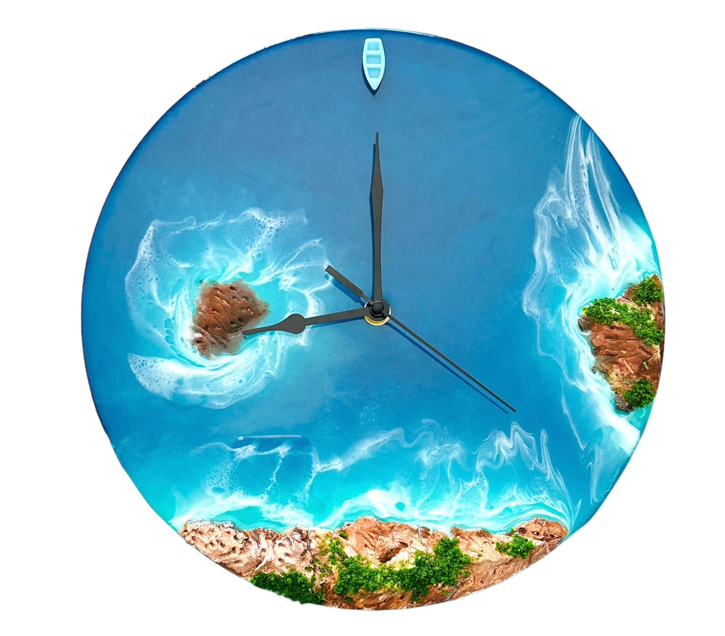 Round resin ocean wall clock with mountains