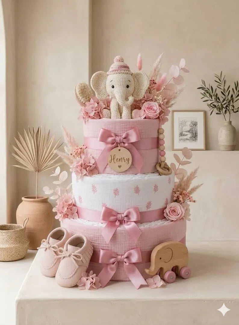 Personalized Boho Diaper Cake, Pink Baby Shower Gift, Newborn Keepsake Basket