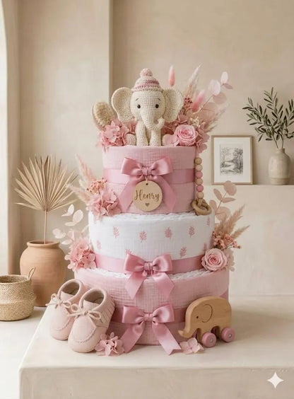 Personalized Boho Diaper Cake, Pink Baby Shower Gift, Newborn Keepsake Basket