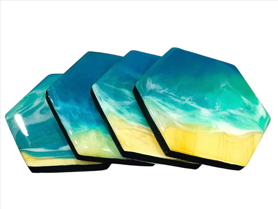 Sea wave coasters set of 4 | Ocean Wave Resin Coaster - Hexagon shape | Beach Home Decor